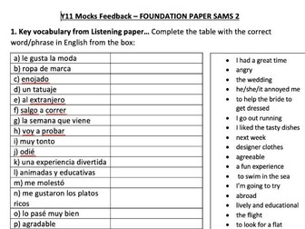 AQA SAMS 2  Foundation feedback worksheet SPANISH GCSE