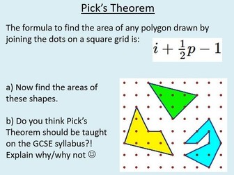 "Going Dotty" - Pick's Theorem Investigation: Compound Area, Deriving a General Formula, Sequences