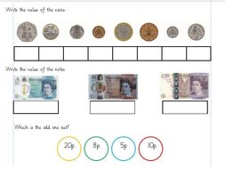 recognising coins and notes differentiated worksheets year 1 white