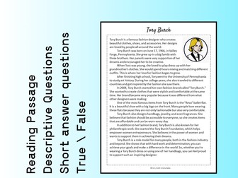Tory Burch Biography Reading Comprehension Passage Printable Worksheet PDF