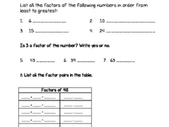 Factors and Multiples Test 4th Grade (Go Math Chapter 5)