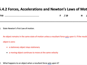 AQA GCSE Science Trilogy Physics Recall sheet. 6.5.4.2 Forces, Accelerations and Newtons Laws
