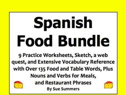 Spanish Food and Meals Bundle of 9 Worksheets, Web Quest, Sketch, and Vocabulary