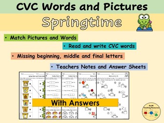 CVC Words and Pictures Phonics Worksheets Spring