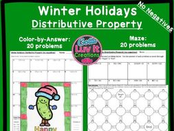Distributive Property No Negatives Winter Bundle - Maze & Color by Number
