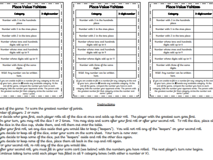 place value yahtzee game rules