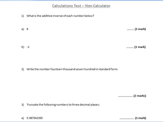 (Non-Calculator) Calculations test New 9-1 course