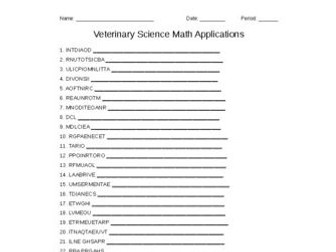 Veterinary Math Applications Word Scramble for Vet. Science Students