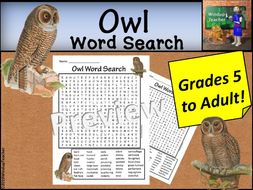 owl word search hard for grades 5 to adult teaching
