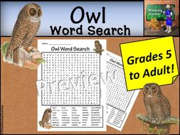 owl word search hard for grades 5 to adult teaching resources