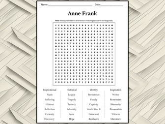 Anne Frank Word Search Puzzle Worksheet Activity