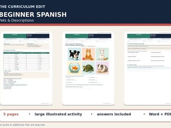 Spanish Pets Illustrated Worksheet | Beginner A1–A2 | Answers Included