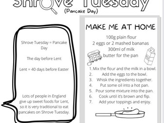 Pancake Day / Shrove Tuesday Activity Worksheet