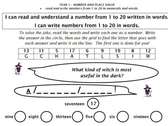 Y1 arithmetic jokes/codes/riddles worksheet set, reading/writing numbers to 20