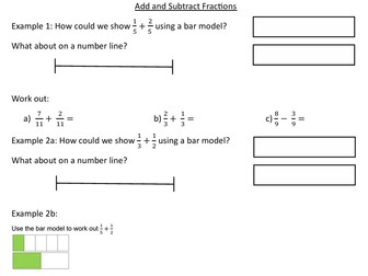 Addition and Subtraction of simple fractions intro Worksheet and powerpoint