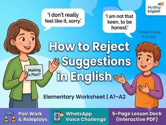 Learn How to Reject Suggestions in English | Interactive ESL Speaking Worksheet (A1–A2)