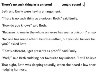 Phonics Story for Key Stage 2 plus There's no such thing as a Unicorn Long  U