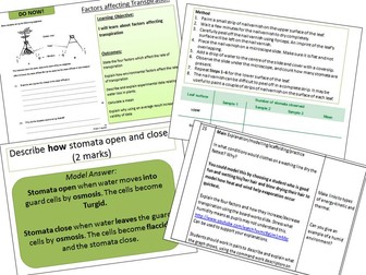 Factors affecting transpiration theory lesson OCR B2.2.i/AQA 2.3.2