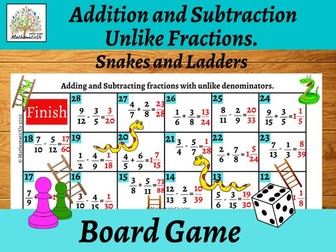 Addition and Subtraction Unlike Fractions Snakes and Ladders Maths Board Game