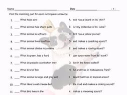 Animals Sentence Match Ups Worksheet