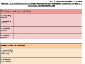 Unit 2 Developing a Marketing Campaign revision / consolidation sheet resource