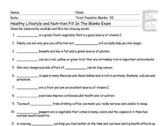 Healthy Lifestyle Nutrition Fill In The Blanks Exam Teaching Resources