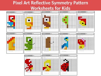 Pixel Art Reflective Symmetry Pattern Worksheets for Kids