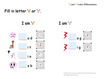 's' and 'z' Letter Differentiation (Step-by-Step English Literacy Skills Pack for Diverse Learners)