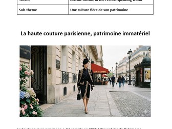 AQA French A Level stimulus card - La haute couture parisienne, patrimoine immatériel