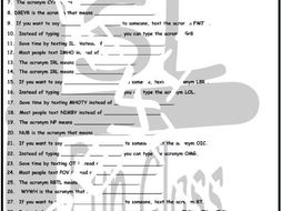 Cell Phones and Texting Acronyms 1 Page BW Worksheet