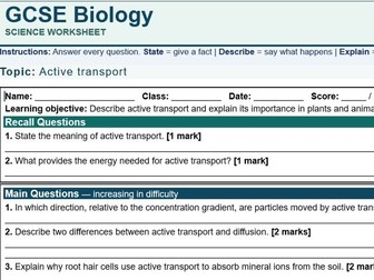 Active Transport Worksheet | AQA GCSE Biology | Questions, Answers & Self-Assessment