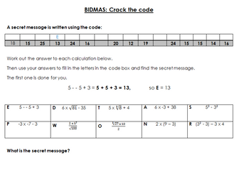 BIDMAS crack the code Worksheet with Soultions - Edexcel KS3