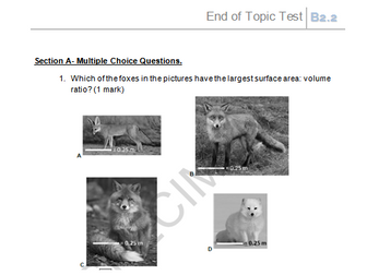 OCR Biology (Combined Science) B2.2 Challenges of size end of topic test with markscheme