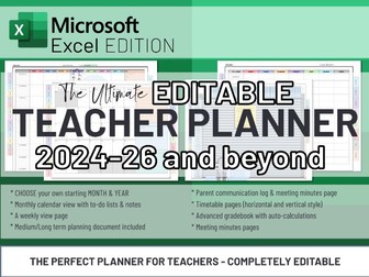 Ultimate Editable Teacher Planner | Microsoft Excel | 2024 to 2026 & Beyond
