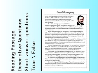 Ernest Hemingway Biography Reading Comprehension Passage Printable Worksheet PDF