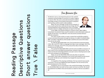 Tim Berners-Lee Biography Reading Comprehension Passage Printable Worksheet PDF