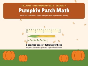 Pumpkin Patch Math | Fall Measurement & Data | Line Plots, Graphs, Area & Perimeter | Grades 2-4