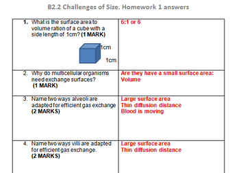 OCR B2.2 Challenges of size homework with answers/Revision resource