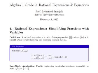 Algebra 1, Grade 9 - Rational Expressions & Equations