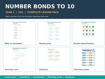 Number Bonds to 10 - Year 1 KS1 - Complete Lesson Pack - Worksheets & Games