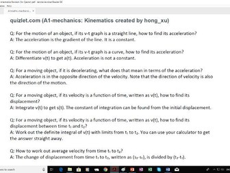 A level Year 1 maths on Mechanics: Kinematics Revision (Quizlet questions)