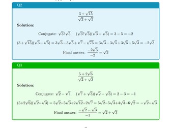 Rationalising Denominators Simple Binomial Radicals Workbook
