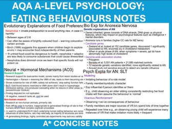 CONCISE A* A LEVEL PSYCHOLOGY AQA NOTES, EATING BEHAVIOURS NOTES