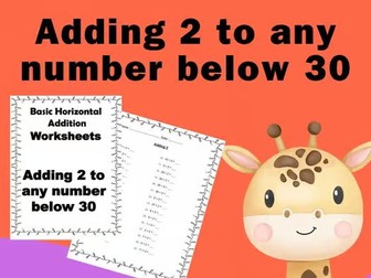 Adding 2 to any number below 30 - Addition Worksheet for k and 1st grade