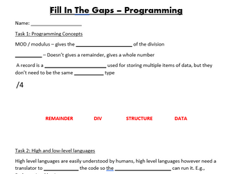 GCSE  - Fill In The Gaps Programming Worksheets