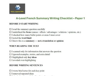 Summary Writing Checklist for French A-Level Paper 1
