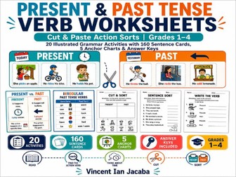 Present & Past Tense Verb Worksheets | Cut & Paste Grammar Activities | Grades 1–4