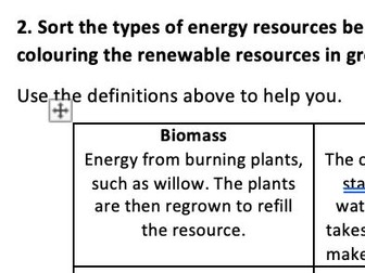 Renewable and Non-renewable Energy Sources and definitions worksheet and answers