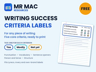 FREE Writing Checklist Labels - Success Criteria for Any Piece of Writing - Yes, Mostly, Not Yet