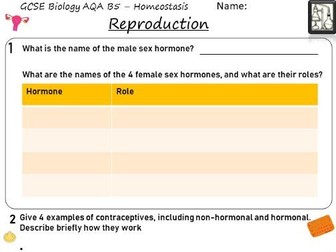 Reproduction Worksheet and supporting video - B5 Homeostasis AQA Biology